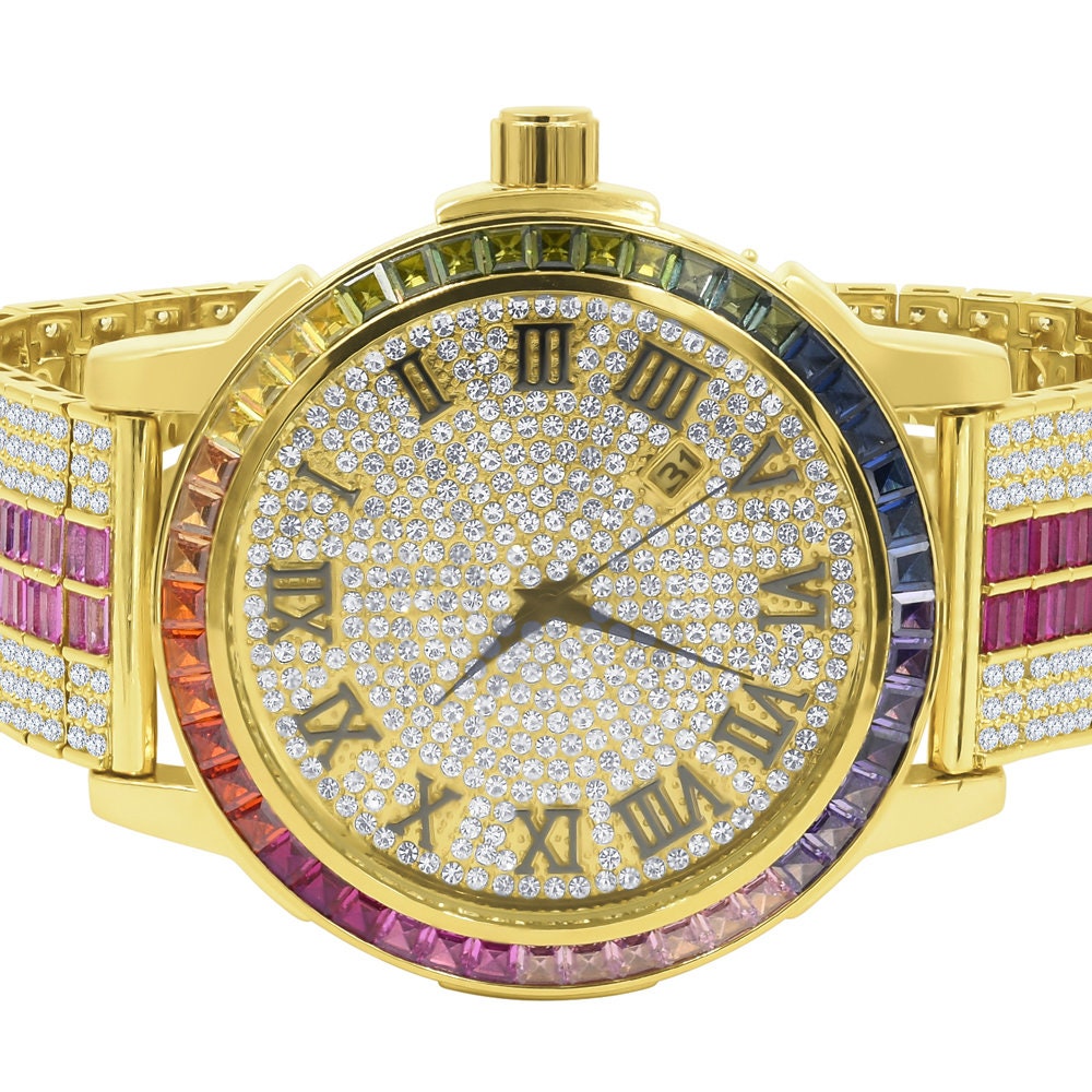 Mens Roman Numeral Rainbow Face Multi Solid Steel Bezel Gold Tone Simulated Diamond Custom Adjustable Band Watch W/Date