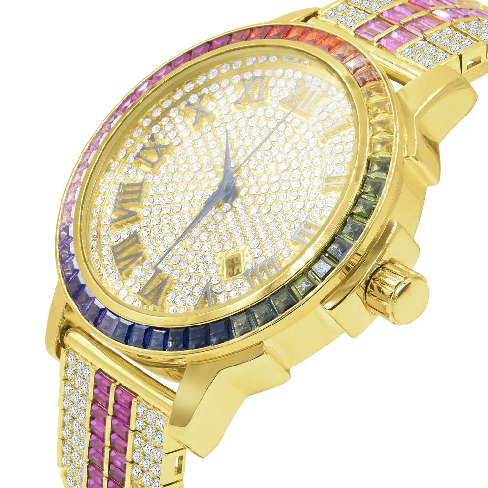 Mens Roman Numeral Rainbow Face Multi Solid Steel Bezel Gold Tone Simulated Diamond Custom Adjustable Band Watch W/Date