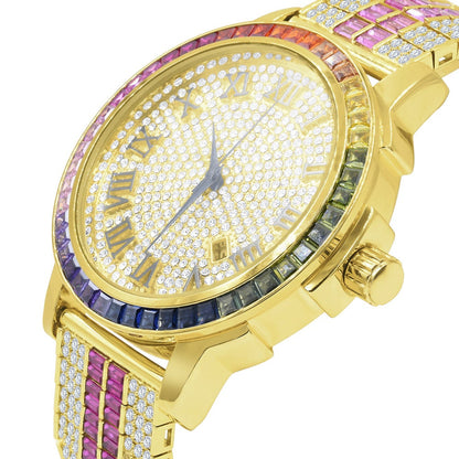 Mens Roman Numeral Rainbow Face Multi Solid Steel Bezel Gold Tone Simulated Diamond Custom Adjustable Band Watch W/Date