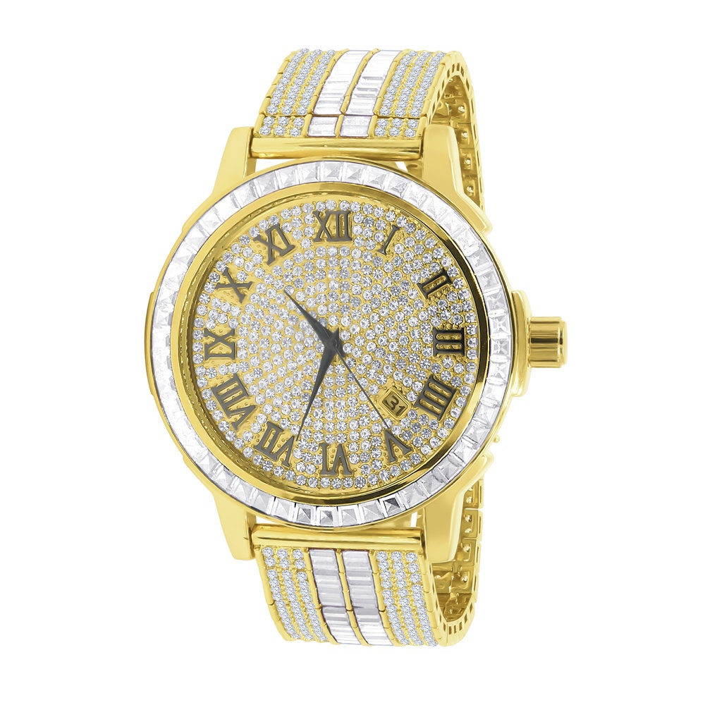 18K Gold Finish Mens Roman Numeral Solid Steel Bezel Simulated Diamond Custom Adjustable Band Watch W/Date