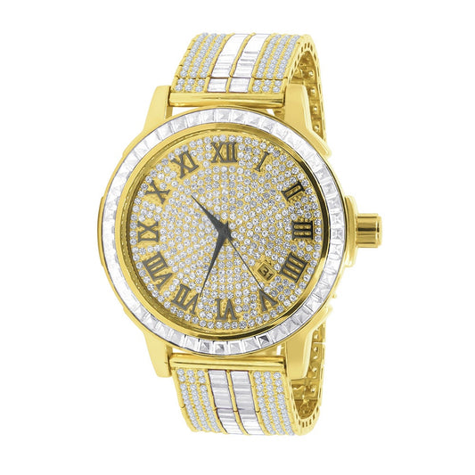 18K Gold Finish Mens Roman Numeral Solid Steel Bezel Simulated Diamond Custom Adjustable Band Watch W/Date