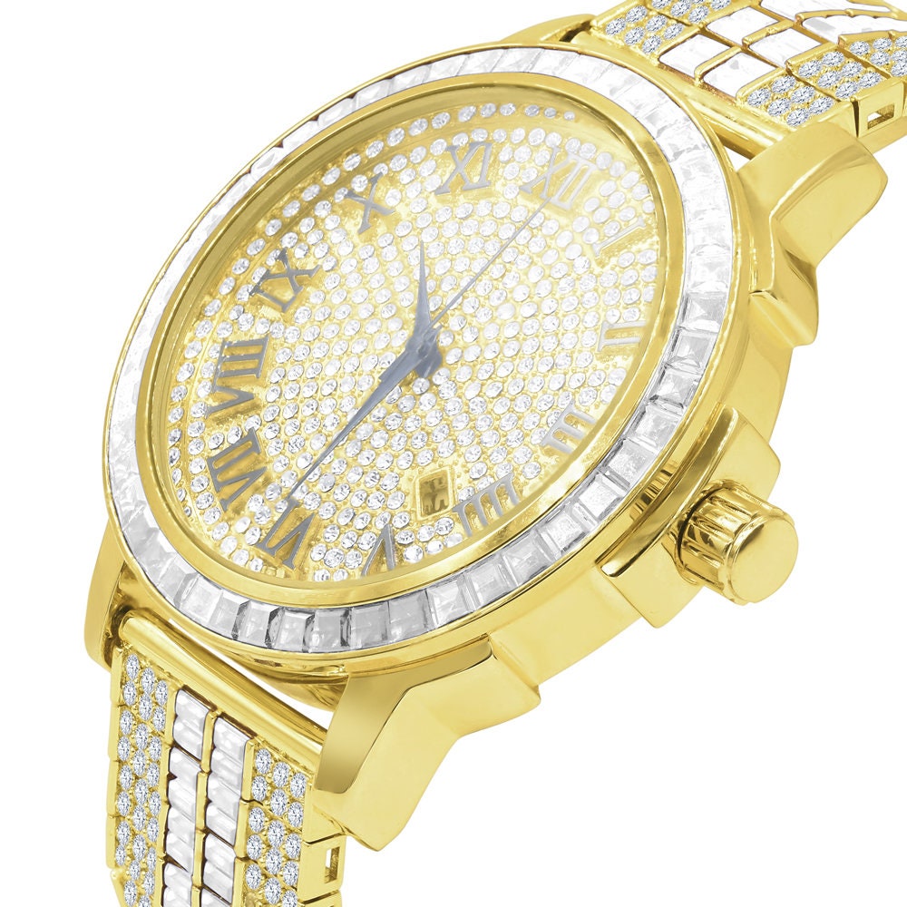 18K Gold Finish Mens Roman Numeral Solid Steel Bezel Simulated Diamond Custom Adjustable Band Watch W/Date