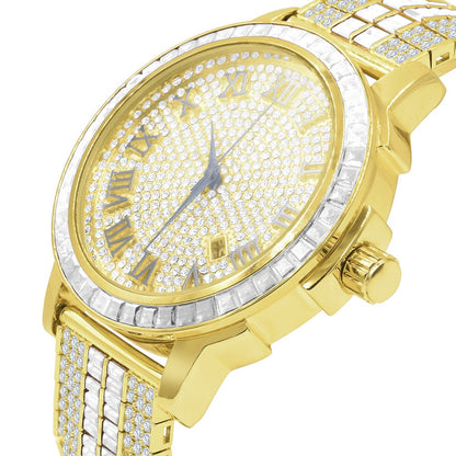 18K Gold Finish Mens Roman Numeral Solid Steel Bezel Simulated Diamond Custom Adjustable Band Watch W/Date