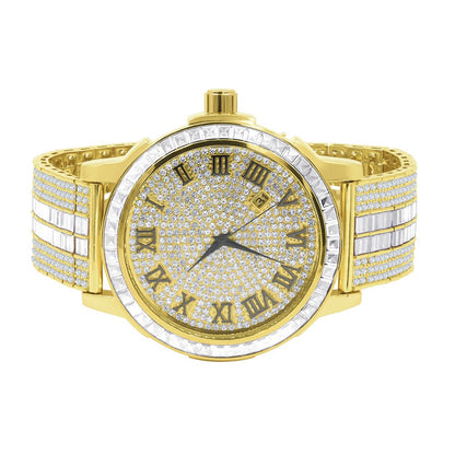 18K Gold Finish Mens Roman Numeral Solid Steel Bezel Simulated Diamond Custom Adjustable Band Watch W/Date