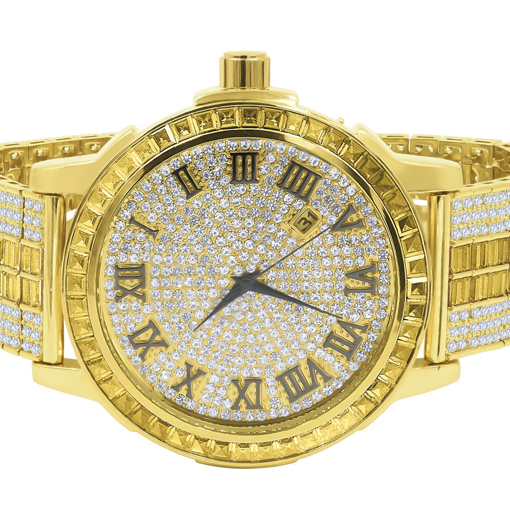 Gold Canary Tone Mens Roman Numeral Solid Steel Bezel Simulated Diamond Custom Adjustable Band Watch W/Date