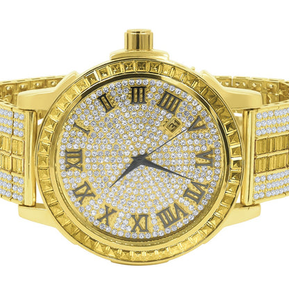 Gold Canary Tone Mens Roman Numeral Solid Steel Bezel Simulated Diamond Custom Adjustable Band Watch W/Date