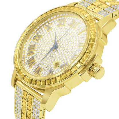 Gold Canary Tone Mens Roman Numeral Solid Steel Bezel Simulated Diamond Custom Adjustable Band Watch W/Date