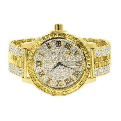 Gold Canary Tone Mens Roman Numeral Solid Steel Bezel Simulated Diamond Custom Adjustable Band Watch W/Date