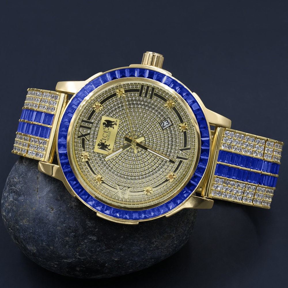 Roman Face Real Diamond Dial Stainless Steel Custom Bezel Sapphire Blue Gold Tone Adjustable Band Watch W/Date