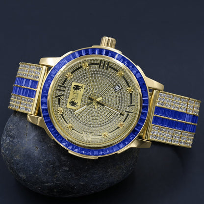 Roman Face Real Diamond Dial Stainless Steel Custom Bezel Sapphire Blue Gold Tone Adjustable Band Watch W/Date