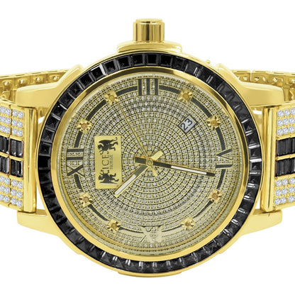 Mens Genuine Diamond Dial Stainless Steel Custom Bezel Black Onyx Gold Tone Adjustable Band Watch W/Date