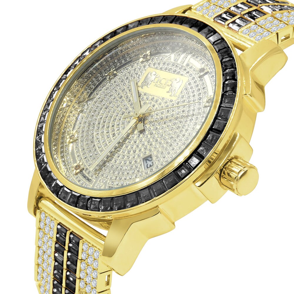 Mens Genuine Diamond Dial Stainless Steel Custom Bezel Black Onyx Gold Tone Adjustable Band Watch W/Date