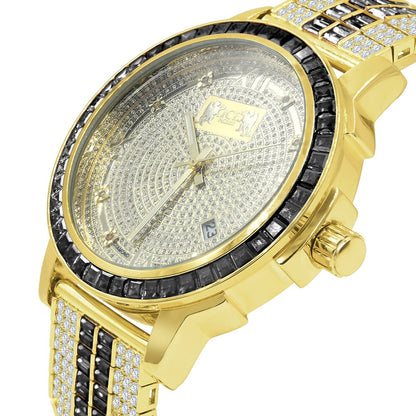 Mens Genuine Diamond Dial Stainless Steel Custom Bezel Black Onyx Gold Tone Adjustable Band Watch W/Date