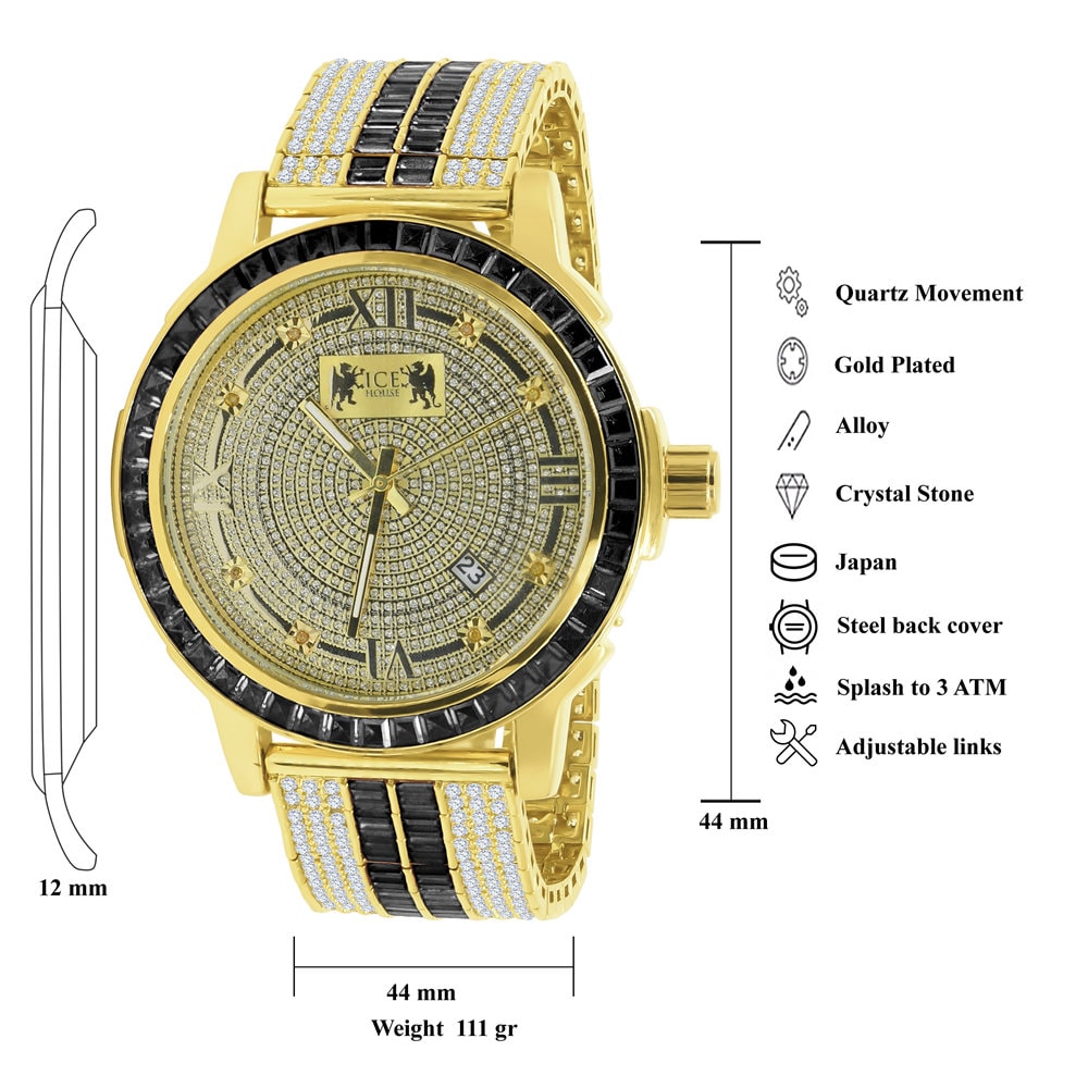 Mens Genuine Diamond Dial Stainless Steel Custom Bezel Black Onyx Gold Tone Adjustable Band Watch W/Date