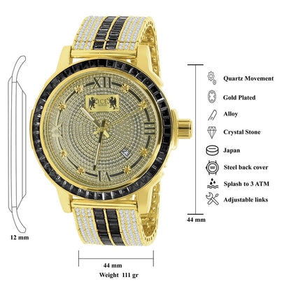 Mens Genuine Diamond Dial Stainless Steel Custom Bezel Black Onyx Gold Tone Adjustable Band Watch W/Date