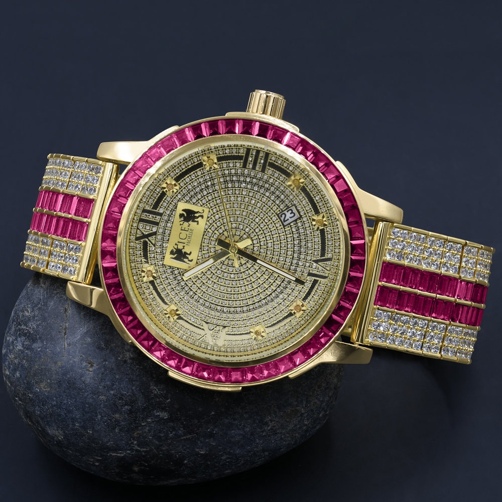 Buby Red Mens Genuine Diamond Dial Stainless Steel Custom Bezel Gold Tone Adjustable Band Watch W/Date