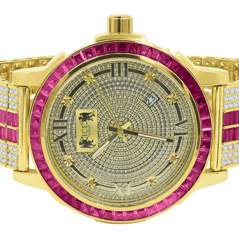 Buby Red Mens Genuine Diamond Dial Stainless Steel Custom Bezel Gold Tone Adjustable Band Watch W/Date