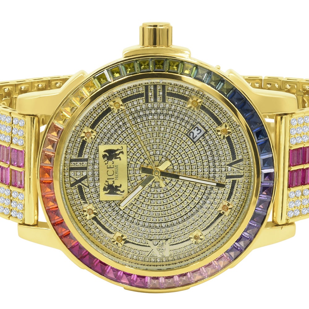 18K Yellow Gold Finish Solid Steel Iced Out Bezel Real Diamond Dial Multi Tone Rainbow Mens Custom Band Watch W/Date