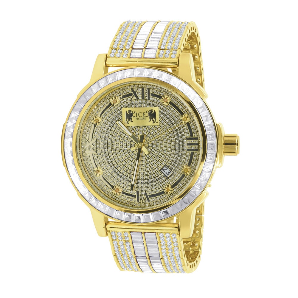 Mens Custom Band Watch W/Date Function Yellow Gold Finish Solid Steel Iced Out Bezel Real Diamond Dial