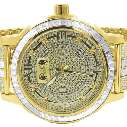 Mens Custom Band Watch W/Date Function Yellow Gold Finish Solid Steel Iced Out Bezel Real Diamond Dial