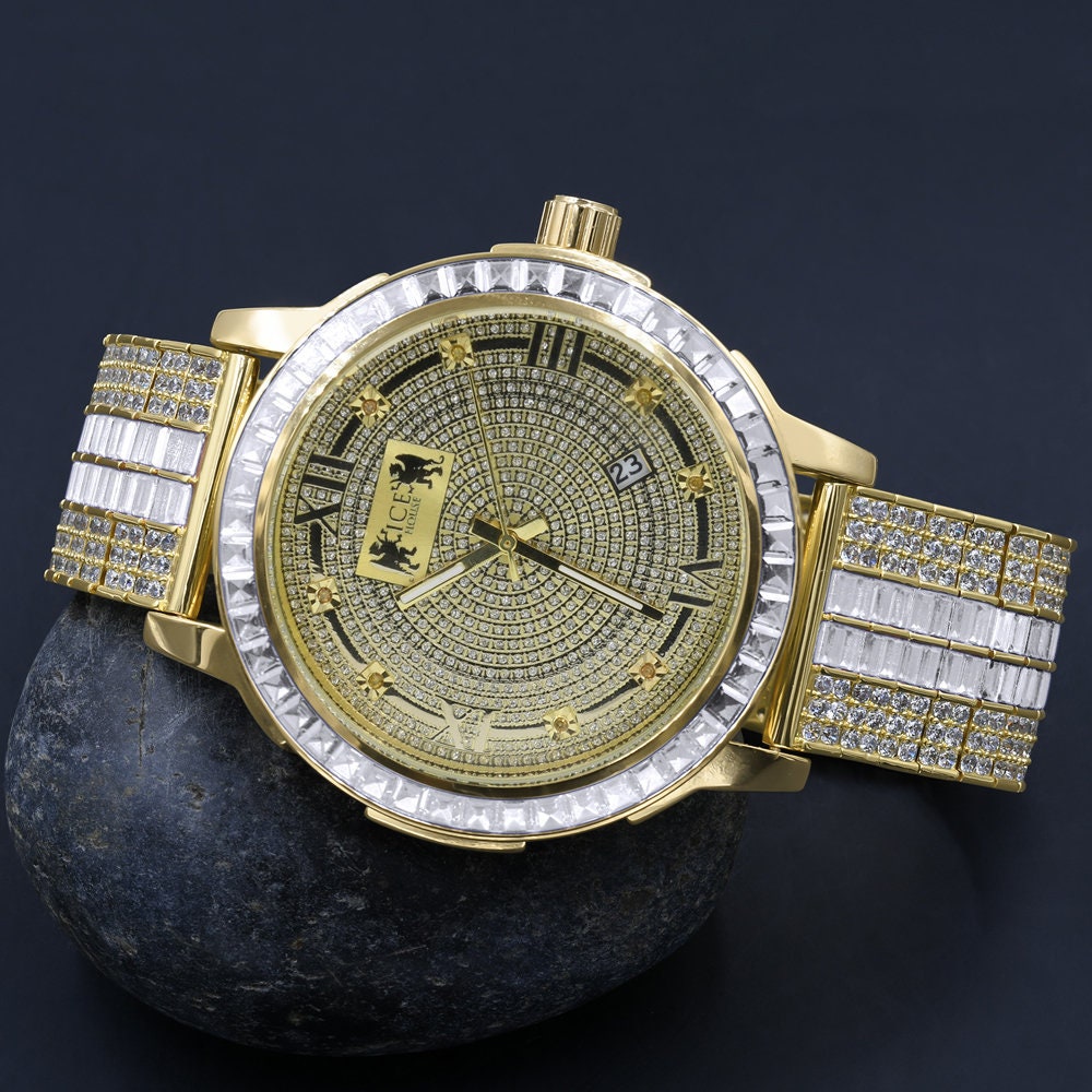 Mens Custom Band Watch W/Date Function Yellow Gold Finish Solid Steel Iced Out Bezel Real Diamond Dial