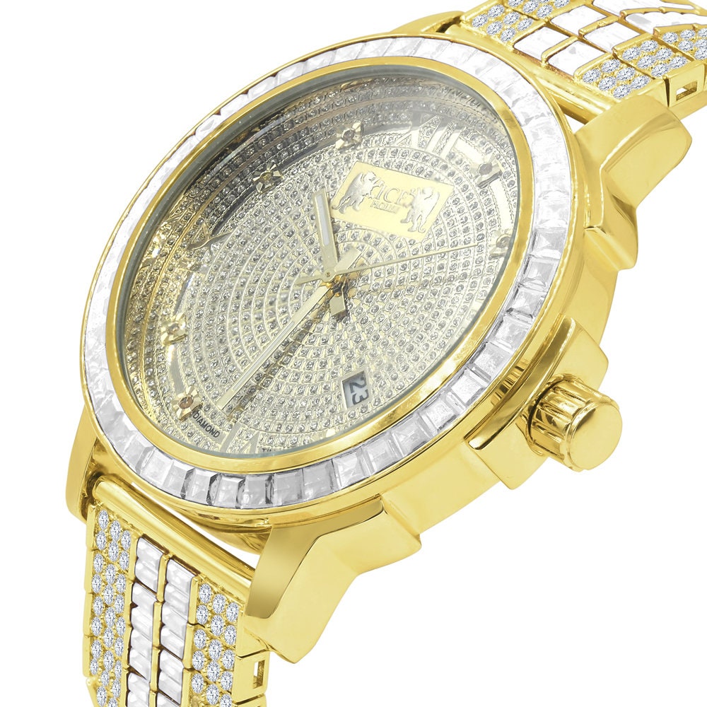 Mens Custom Band Watch W/Date Function Yellow Gold Finish Solid Steel Iced Out Bezel Real Diamond Dial