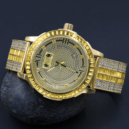 Lemonade Canary Mens Custom Band Watch W/Date Function Gold Finish Solid Steel Iced Out Bezel Real Diamond Dial
