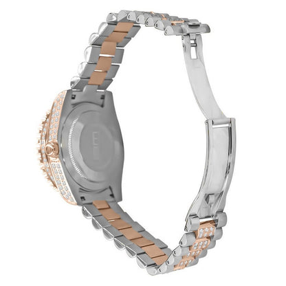 18K Rose Gold Tone Solid Full Stainless Steel Simulated Diamonds Presidential Roman Numeral Dial Watch 41mm W/Date