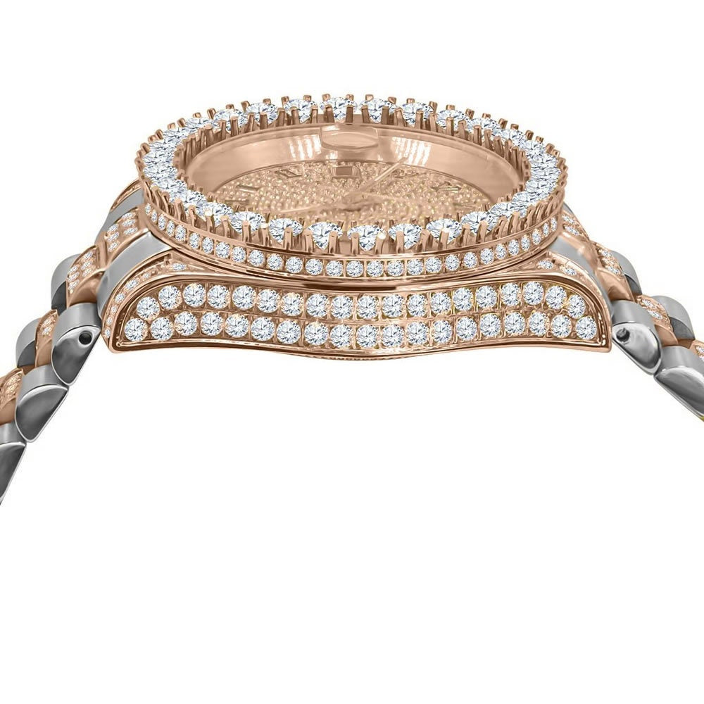 18K Rose Gold Tone Solid Full Stainless Steel Simulated Diamonds Presidential Roman Numeral Dial Watch 41mm W/Date