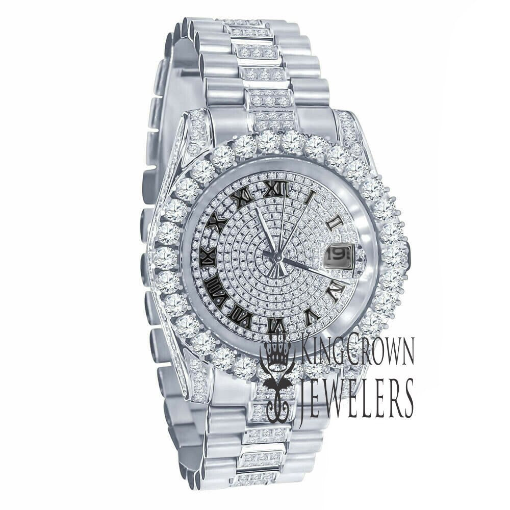 18K White Gold Tone Solid Full Stainless Steel Simulated Diamonds Presidential Roman Numeral Dial Watch 41mm W/Date