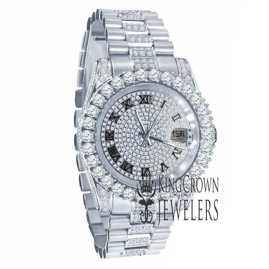 18K White Gold Tone Solid Full Stainless Steel Simulated Diamonds Presidential Roman Numeral Dial Watch 41mm W/Date