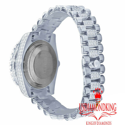 18K White Gold Tone Solid Full Stainless Steel Simulated Diamonds Presidential Roman Numeral Dial Watch 41mm W/Date