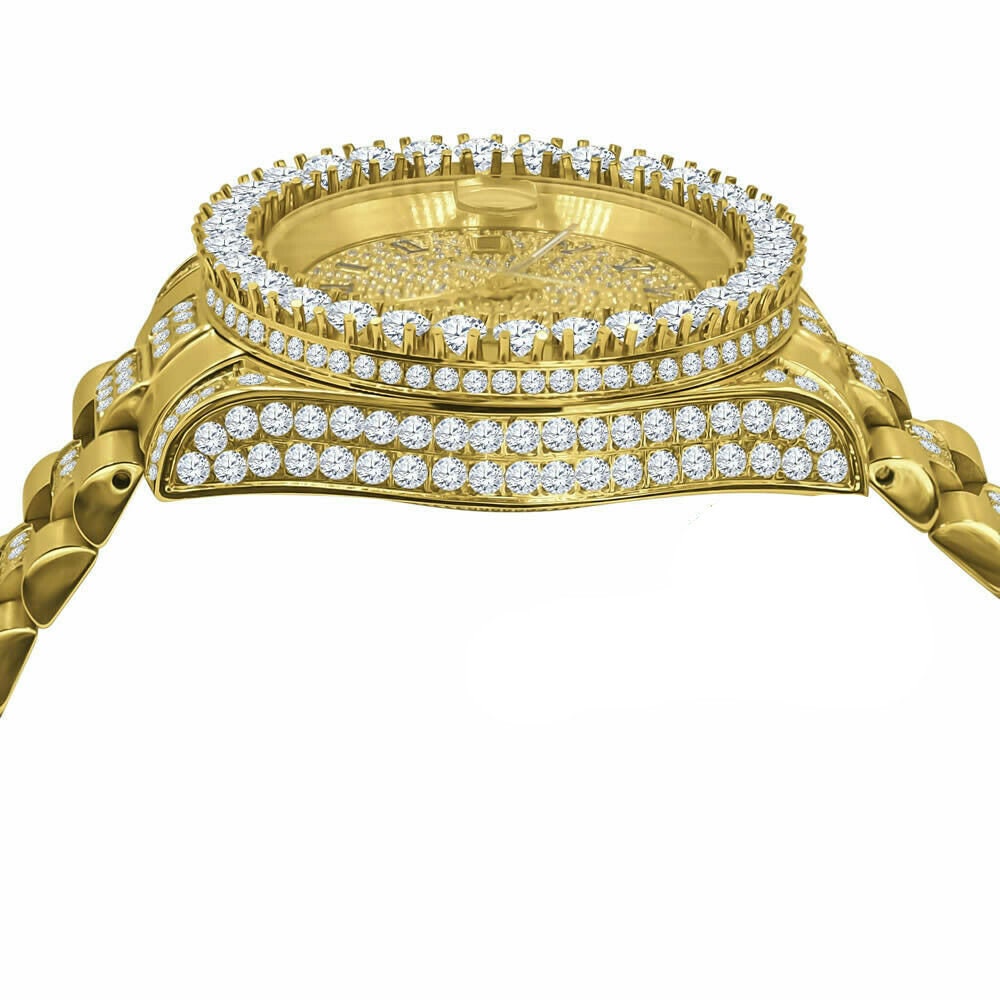 18K Yellow Gold Tone Solid Full Stainless Steel Simulated Diamonds Presidential Roman Numeral Dial Watch 41mm W/Date