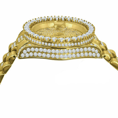 18K Yellow Gold Tone Solid Full Stainless Steel Simulated Diamonds Presidential Roman Numeral Dial Watch 41mm W/Date