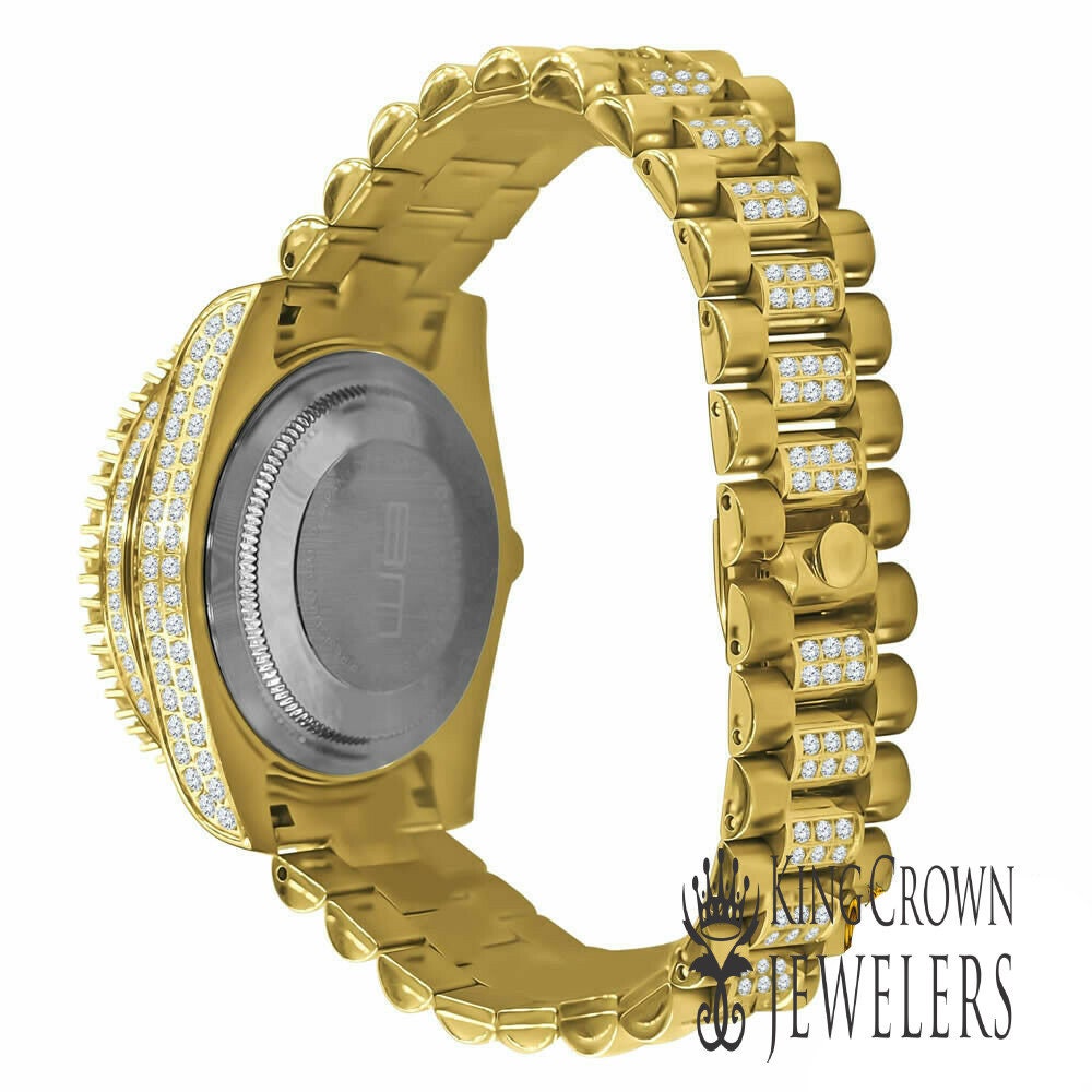 18K Yellow Gold Tone Solid Full Stainless Steel Simulated Diamonds Presidential Roman Numeral Dial Watch 41mm W/Date