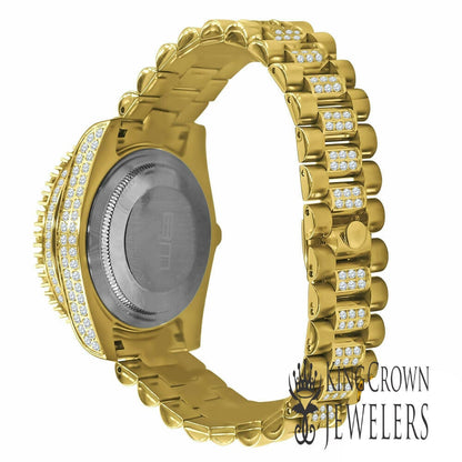 18K Yellow Gold Tone Solid Full Stainless Steel Simulated Diamonds Presidential Roman Numeral Dial Watch 41mm W/Date