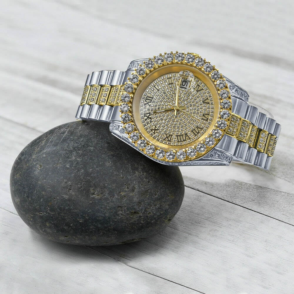 2 Tone Gold Finish Solid Full Stainless Steel Simulated Diamonds Presidential Roman Numeral Dial Watch 41mm W/Date