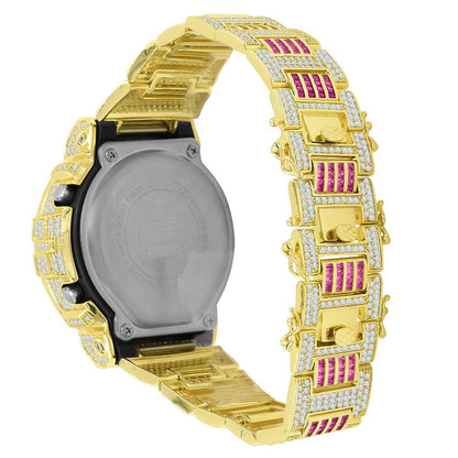 Mens Pink Tourmaline Baguette  Authentic Custom Casio G-Shock DW6900 Adjustable Size Watch Yellow Gold Finish Simulated Diamonds