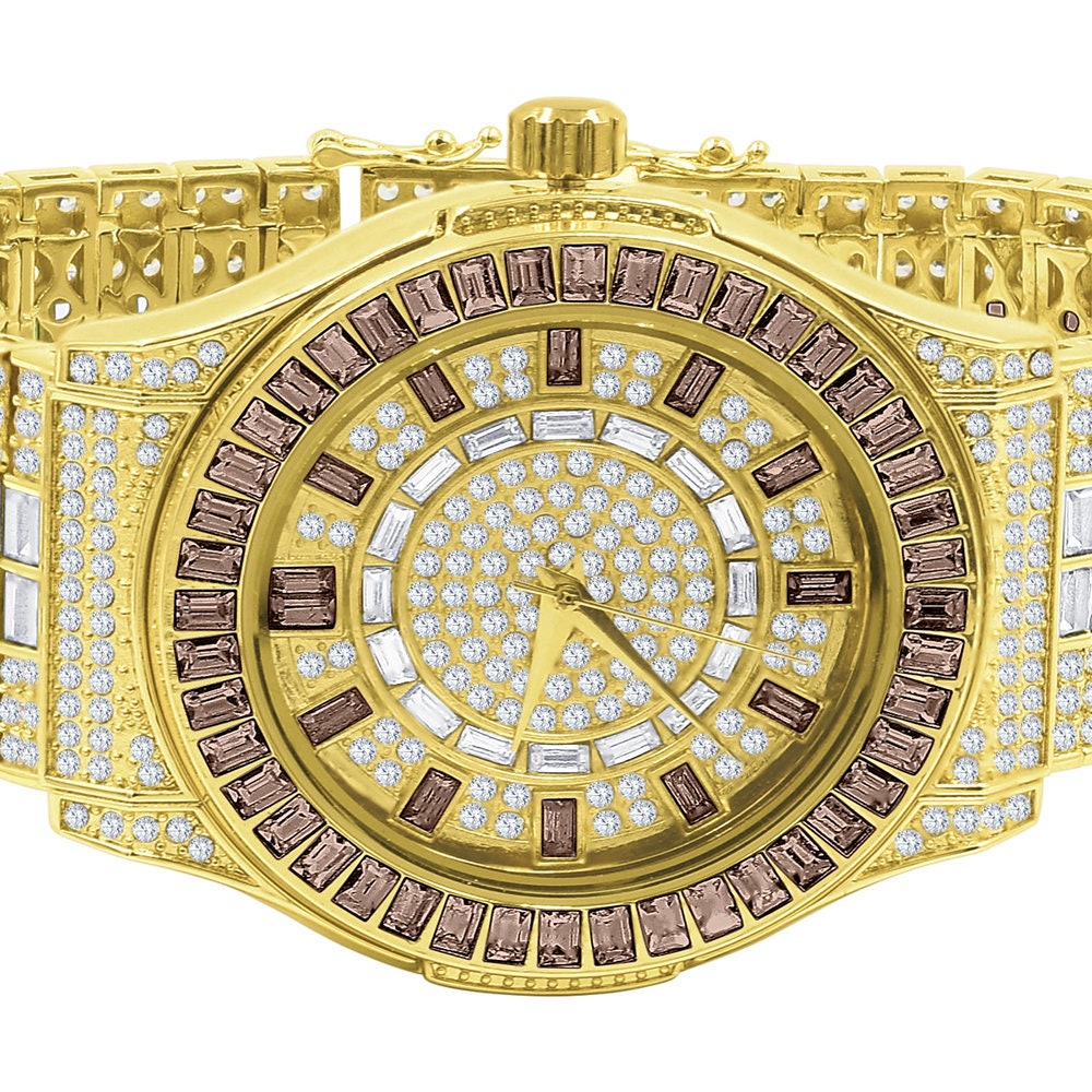 Chocolate Brown  Baguette Simulated Diamond 18K Gold Finish Iced Out Custom Band Luxury Watch