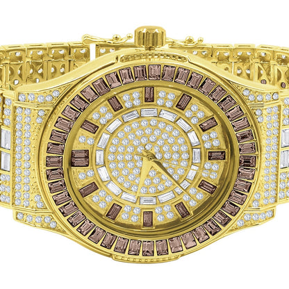 Chocolate Brown  Baguette Simulated Diamond 18K Gold Finish Iced Out Custom Band Luxury Watch