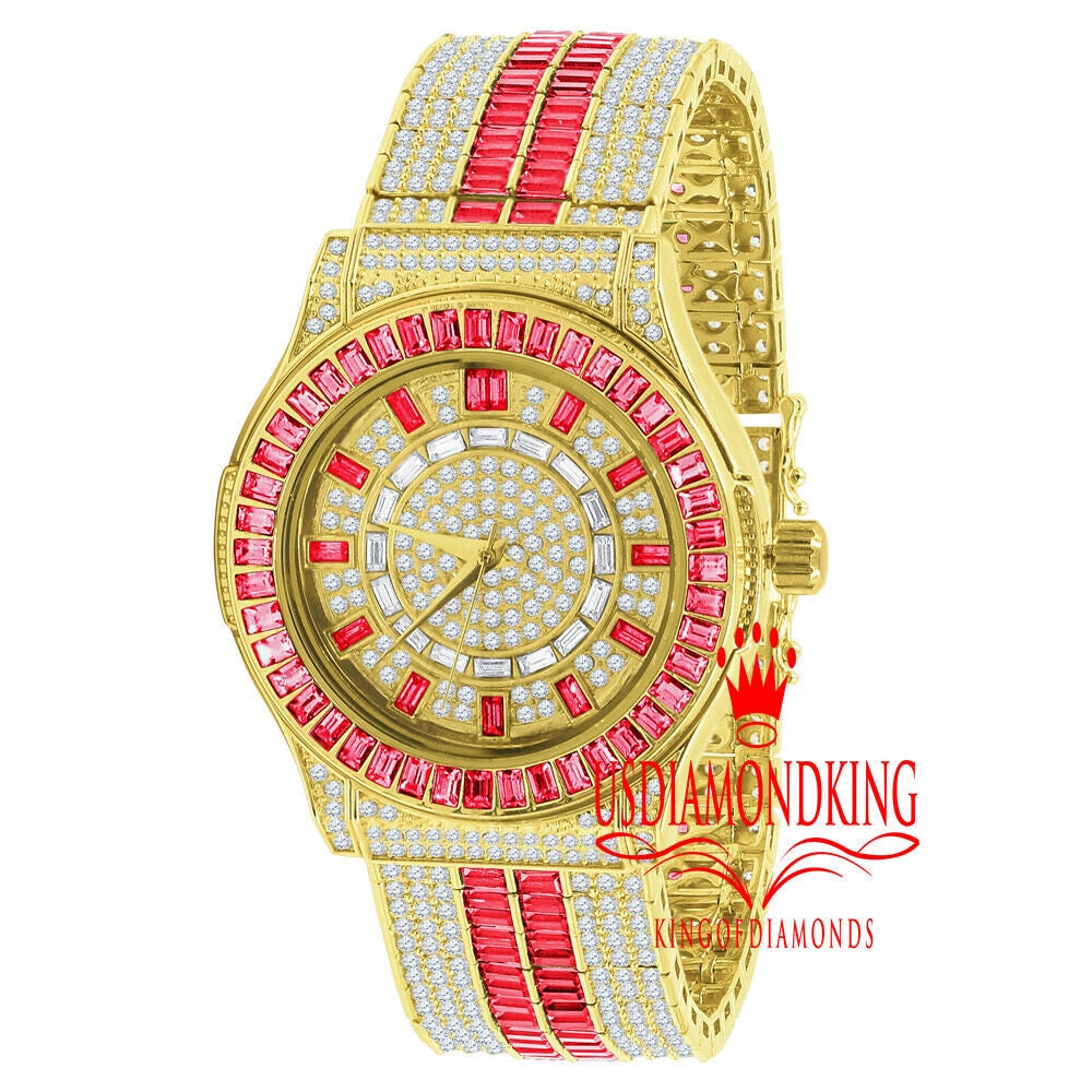 Ruby Red Baguette Simulated Diamond 18K Gold Finish Iced Out Custom Band Luxury Watch