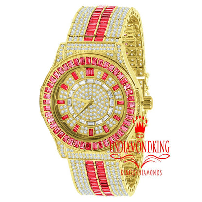 Ruby Red Baguette Simulated Diamond 18K Gold Finish Iced Out Custom Band Luxury Watch
