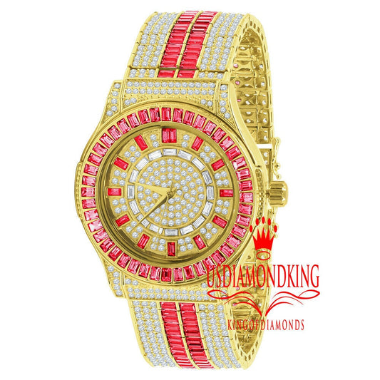 Ruby Red Baguette Simulated Diamond 18K Gold Finish Iced Out Custom Band Luxury Watch