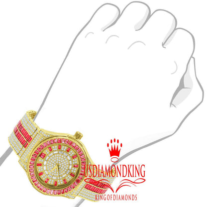Ruby Red Baguette Simulated Diamond 18K Gold Finish Iced Out Custom Band Luxury Watch