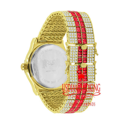 Ruby Red Baguette Simulated Diamond 18K Gold Finish Iced Out Custom Band Luxury Watch