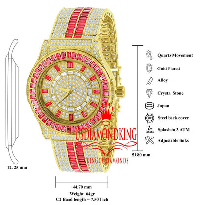 Ruby Red Baguette Simulated Diamond 18K Gold Finish Iced Out Custom Band Luxury Watch