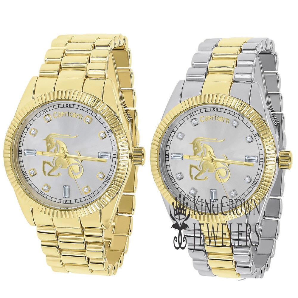14K Gold Finish Zodiac Sign Capricorn Goat Astrology Horoscope 5 ATM Water Resistant Metal Band Presidential Unisex Custom Watch 40mm