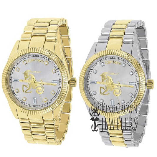 14K Gold Finish Zodiac Sign Capricorn Goat Astrology Horoscope 5 ATM Water Resistant Metal Band Presidential Unisex Custom Watch 40mm