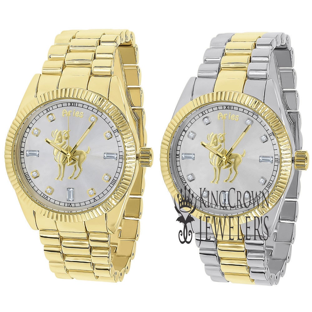 14K Gold Finish Zodiac Sign Aries Ram Astrology Horoscope 5 ATM Water Resistant Metal Band Presidential Unisex Custom Watch 40mm