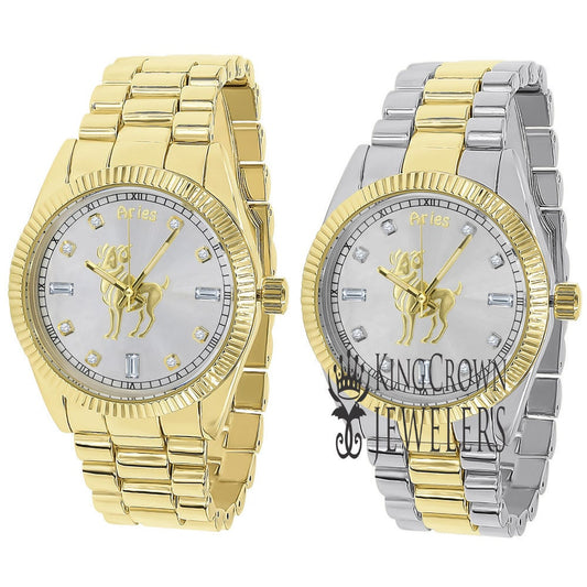 14K Gold Finish Zodiac Sign Aries Ram Astrology Horoscope 5 ATM Water Resistant Metal Band Presidential Unisex Custom Watch 40mm